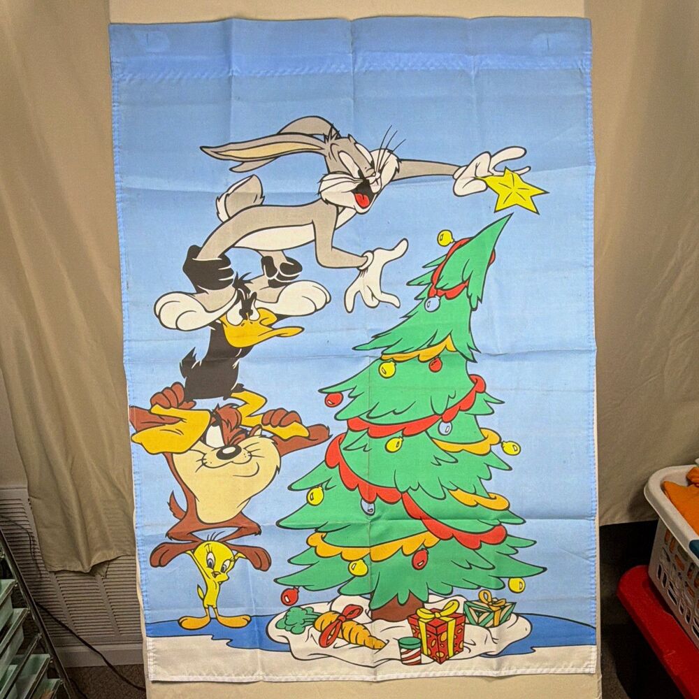 1997 Warner Bros Looney Tunes Christmas Flag Bugs Bunny Tweety Taz Daffy 28x40